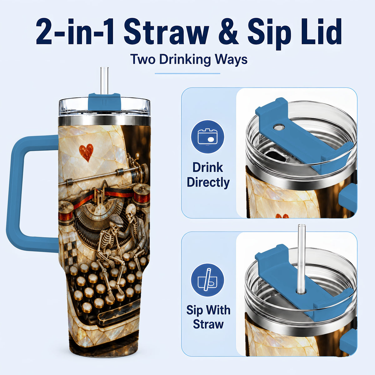 #pl[40oz|Blue] Pearlescent Typewriter 40oz Tumbler, Gothic Stainless Steel Travel Cup