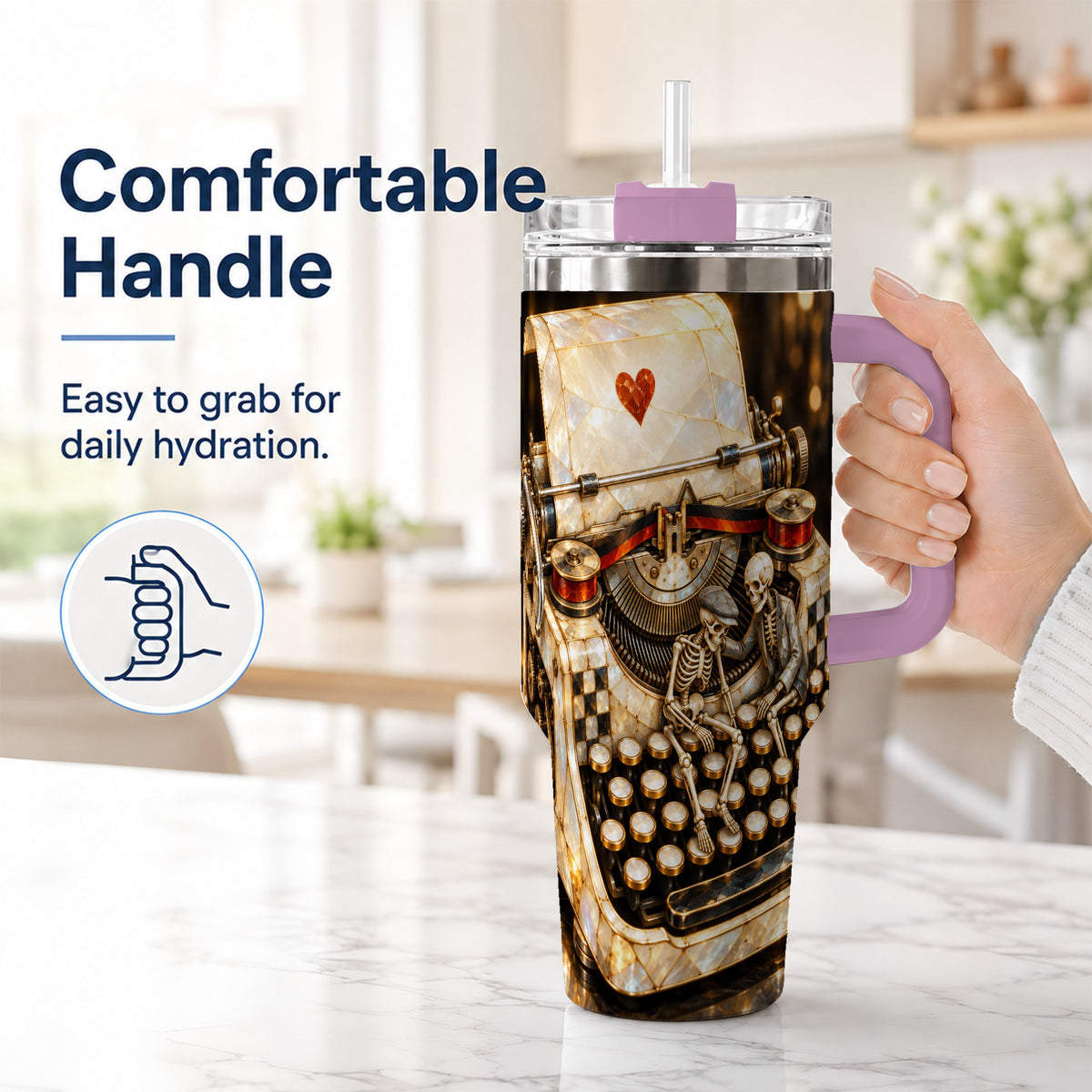#pl[40oz|Pink] Pearlescent Typewriter 40oz Tumbler, Gothic Stainless Steel Travel Cup