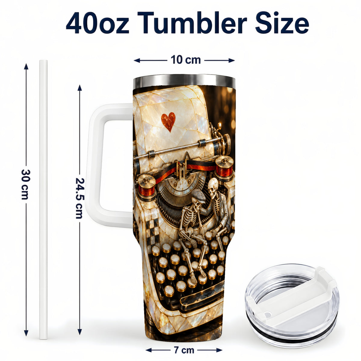#pl[40oz|White] Pearlescent Typewriter 40oz Tumbler, Gothic Stainless Steel Travel Cup