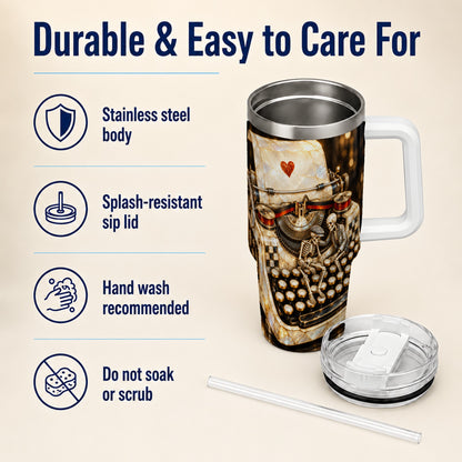 #pl[40oz|White] Pearlescent Typewriter 40oz Tumbler, Gothic Stainless Steel Travel Cup