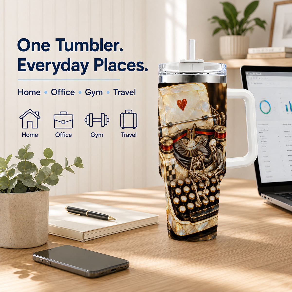 #pl[40oz|White] Pearlescent Typewriter 40oz Tumbler, Gothic Stainless Steel Travel Cup