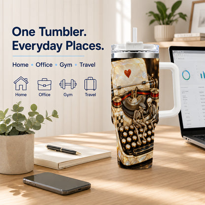 #pl[40oz|White] Pearlescent Typewriter 40oz Tumbler, Gothic Stainless Steel Travel Cup