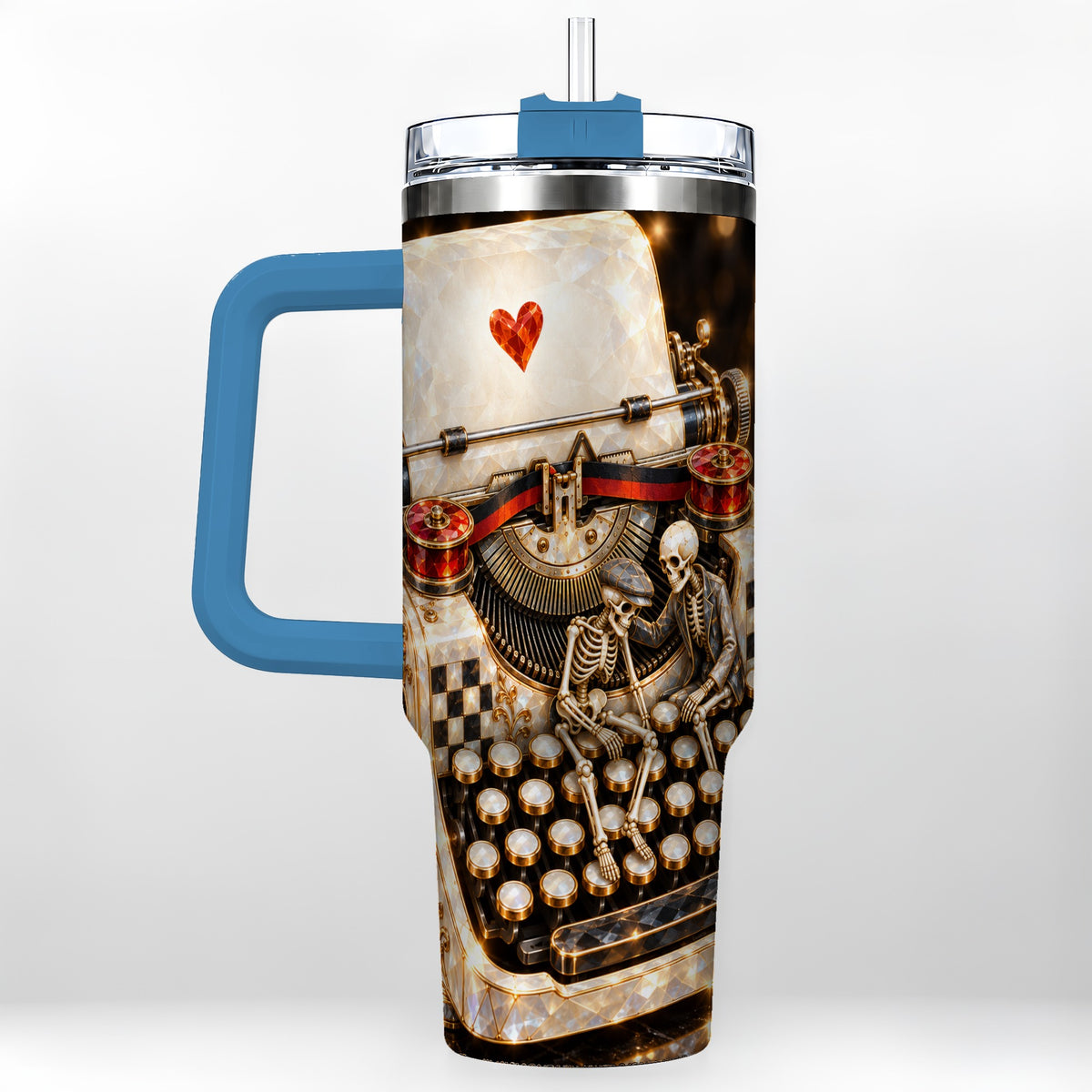 #pl[40oz|Blue] Jeweled Typewriter 40oz Tumbler, Gothic Stainless Steel Travel Cup