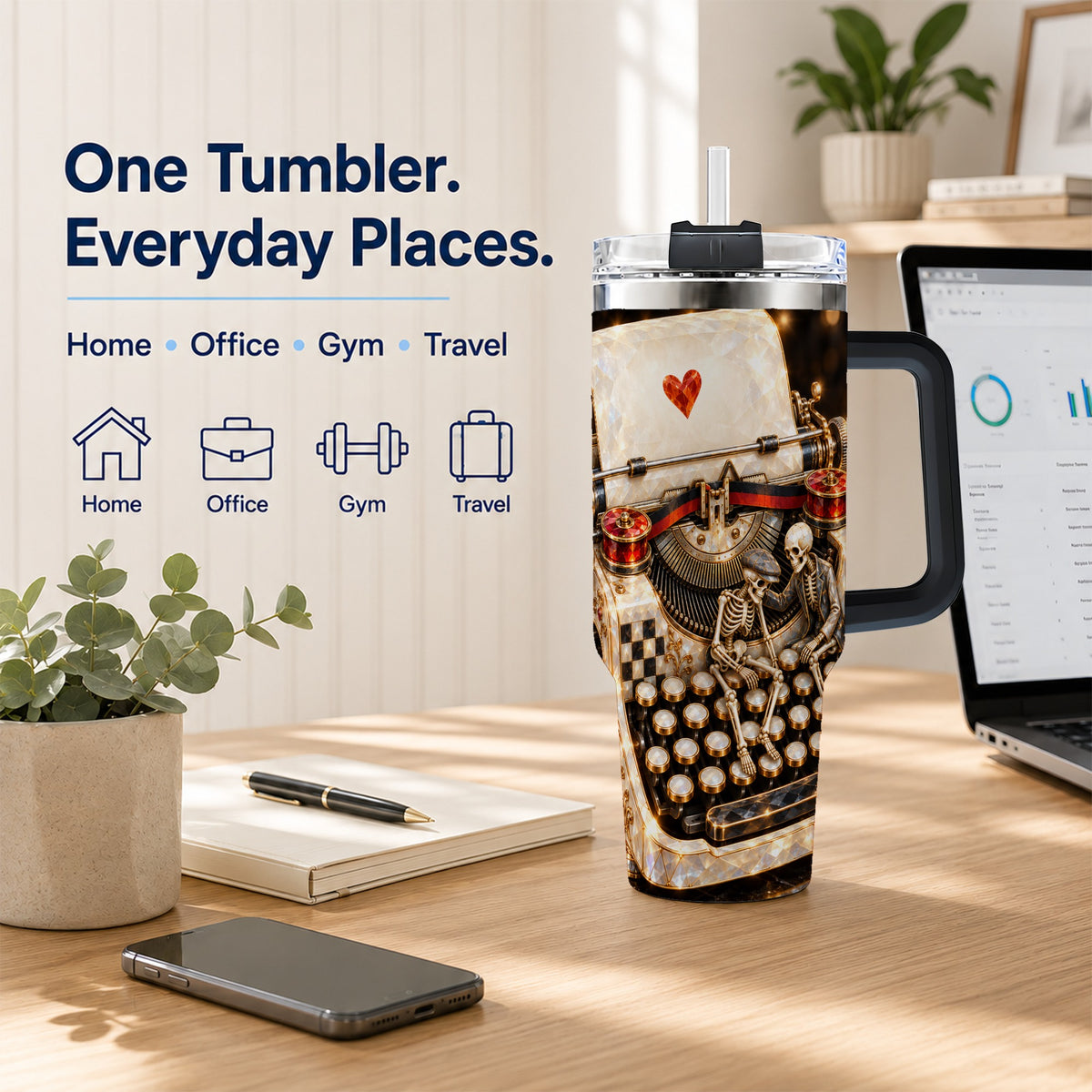 #pl[40oz|Black] Jeweled Typewriter 40oz Tumbler, Gothic Stainless Steel Travel Cup