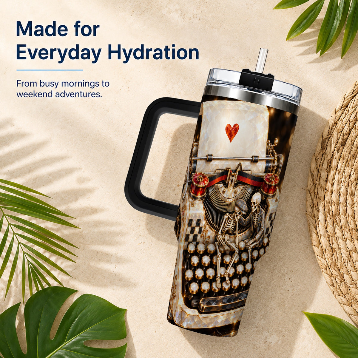 #pl[40oz|Black] Jeweled Typewriter 40oz Tumbler, Gothic Stainless Steel Travel Cup