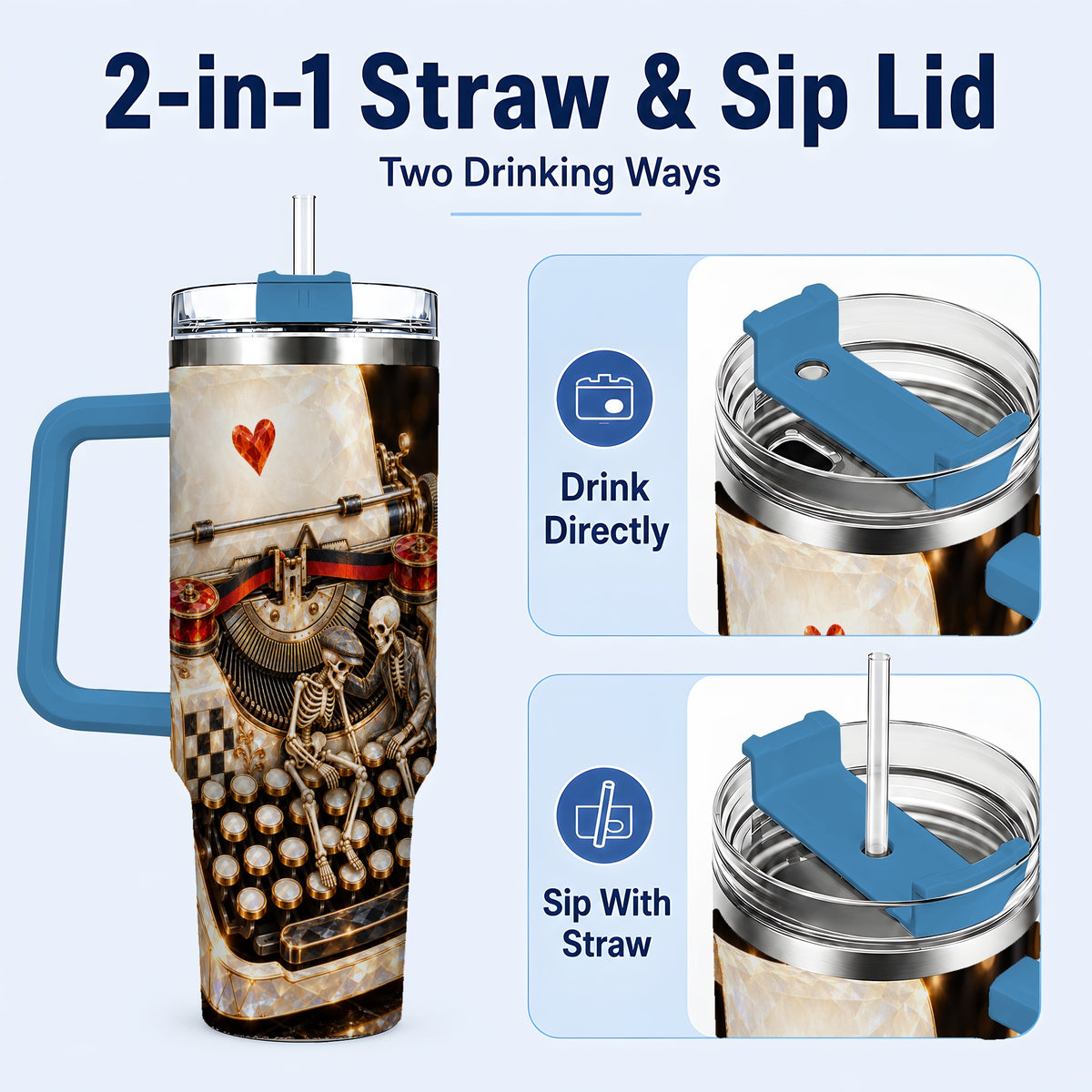 #pl[40oz|Blue] Jeweled Typewriter 40oz Tumbler, Gothic Stainless Steel Travel Cup