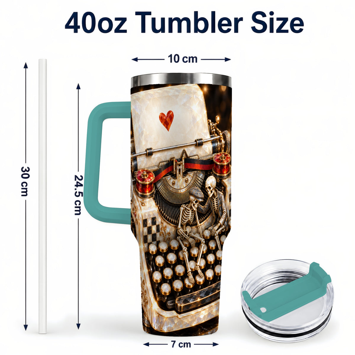 #pl[40oz|Green] Jeweled Typewriter 40oz Tumbler, Gothic Stainless Steel Travel Cup