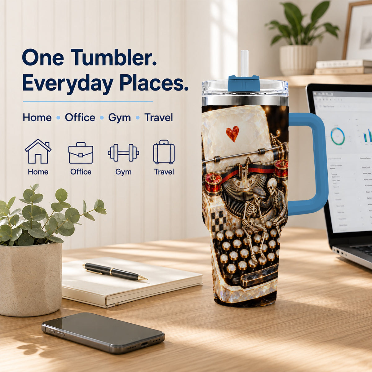 #pl[40oz|Blue] Jeweled Typewriter 40oz Tumbler, Gothic Stainless Steel Travel Cup