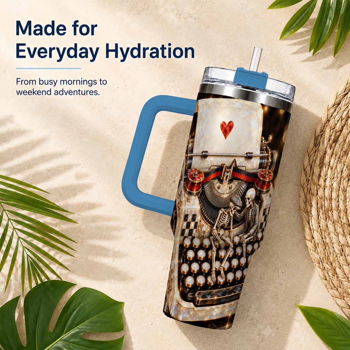 #pl[40oz|Blue] Jeweled Typewriter 40oz Tumbler, Gothic Stainless Steel Travel Cup