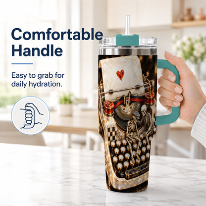 #pl[40oz|Green] Jeweled Typewriter 40oz Tumbler, Gothic Stainless Steel Travel Cup