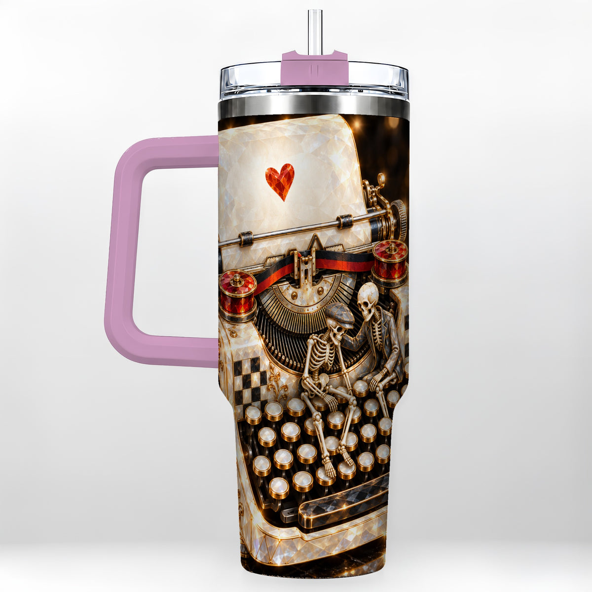 #pl[40oz|Pink] Jeweled Typewriter 40oz Tumbler, Gothic Stainless Steel Travel Cup