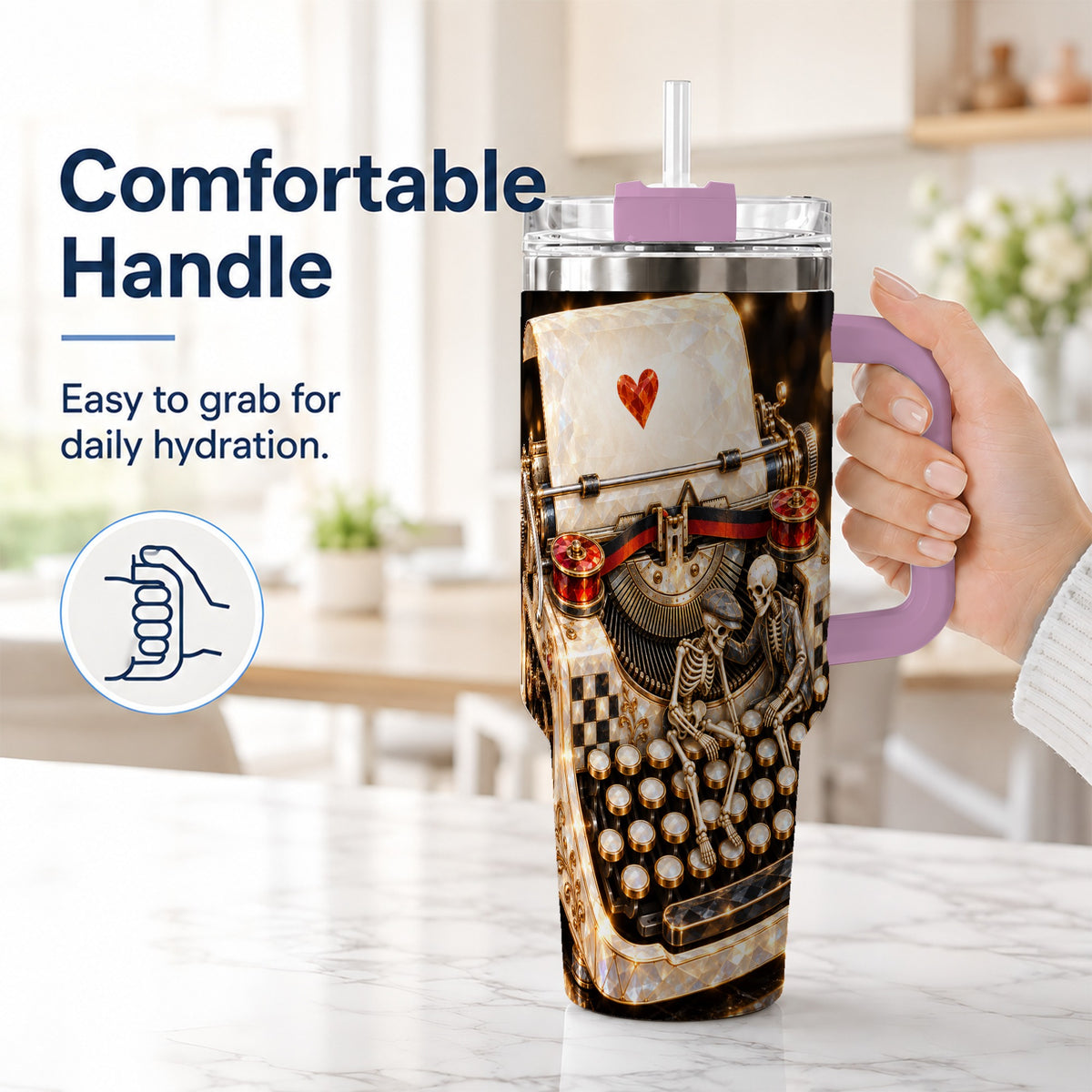 #pl[40oz|Pink] Jeweled Typewriter 40oz Tumbler, Gothic Stainless Steel Travel Cup