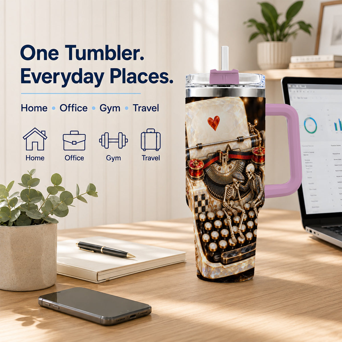 #pl[40oz|Pink] Jeweled Typewriter 40oz Tumbler, Gothic Stainless Steel Travel Cup