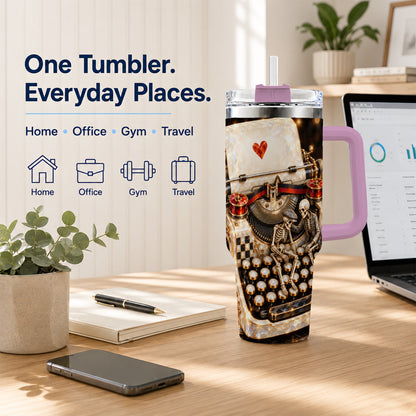 #pl[40oz|Pink] Jeweled Typewriter 40oz Tumbler, Gothic Stainless Steel Travel Cup