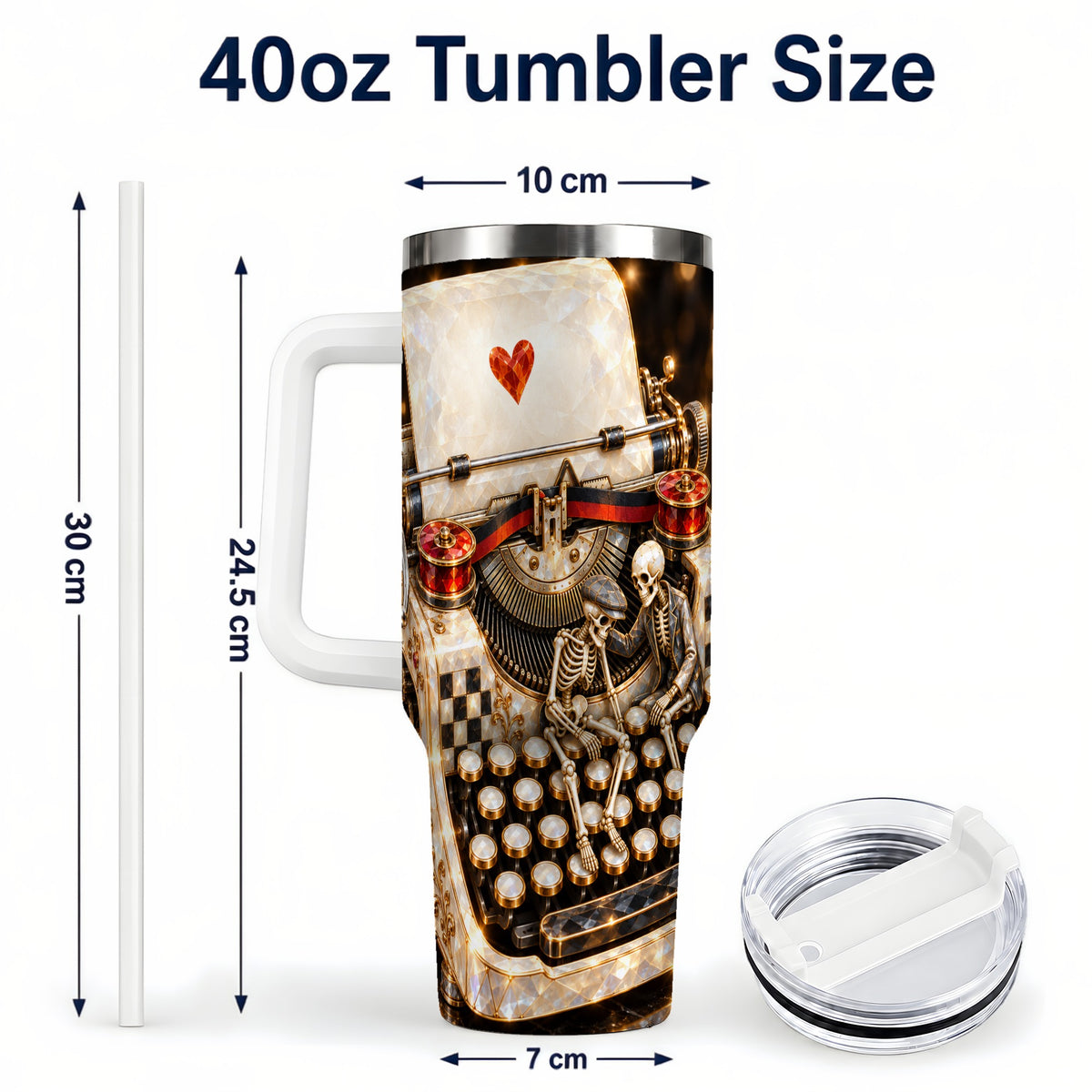 #pl[40oz|White] Jeweled Typewriter 40oz Tumbler, Gothic Stainless Steel Travel Cup