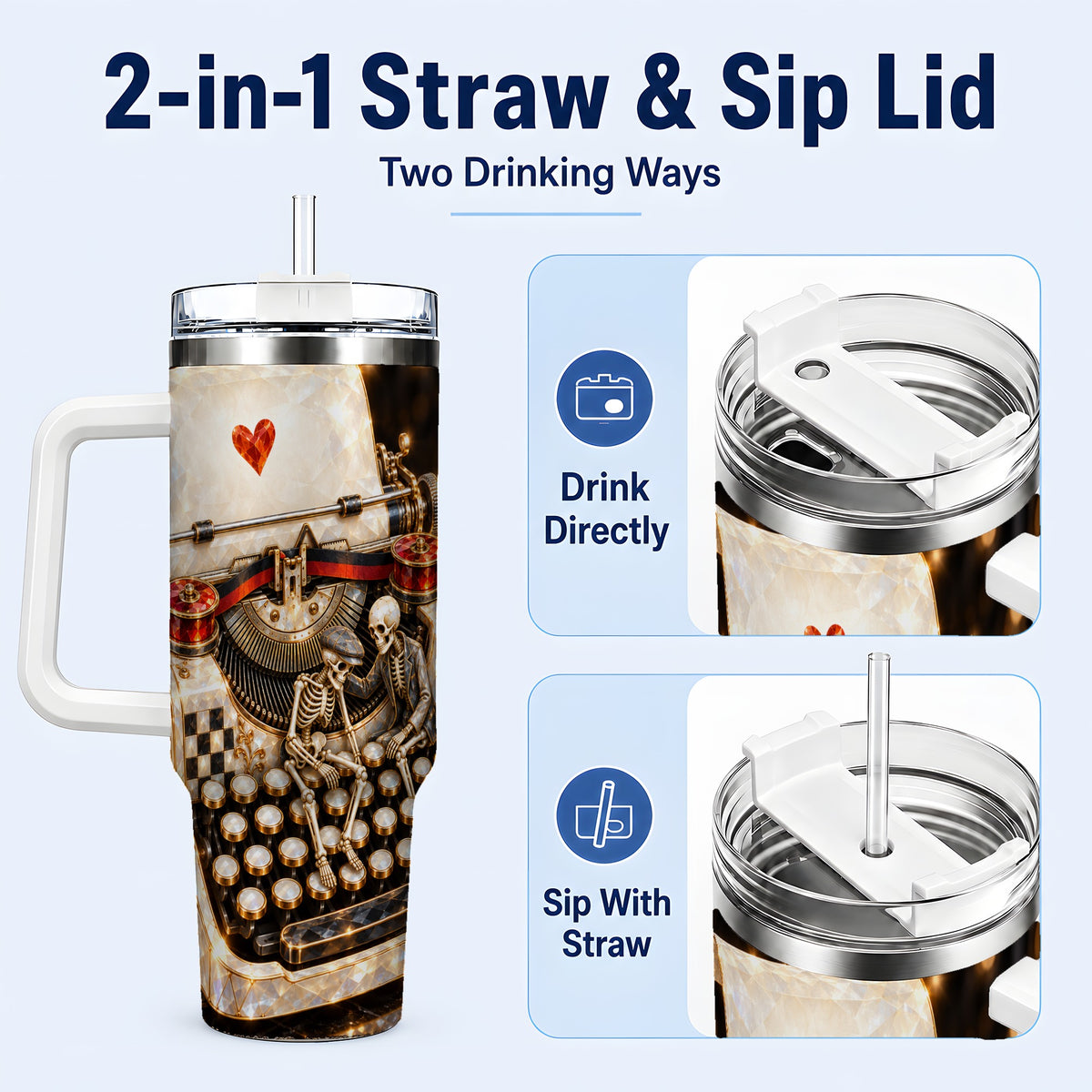 #pl[40oz|White] Jeweled Typewriter 40oz Tumbler, Gothic Stainless Steel Travel Cup