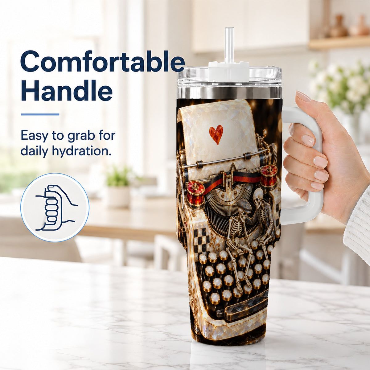 #pl[40oz|White] Jeweled Typewriter 40oz Tumbler, Gothic Stainless Steel Travel Cup
