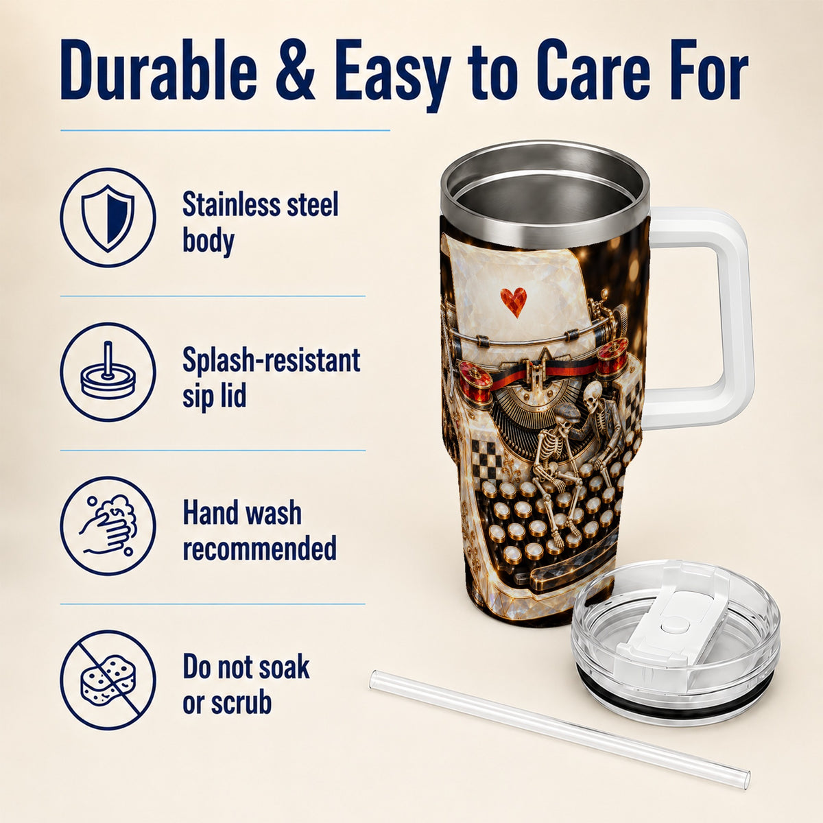 #pl[40oz|White] Jeweled Typewriter 40oz Tumbler, Gothic Stainless Steel Travel Cup