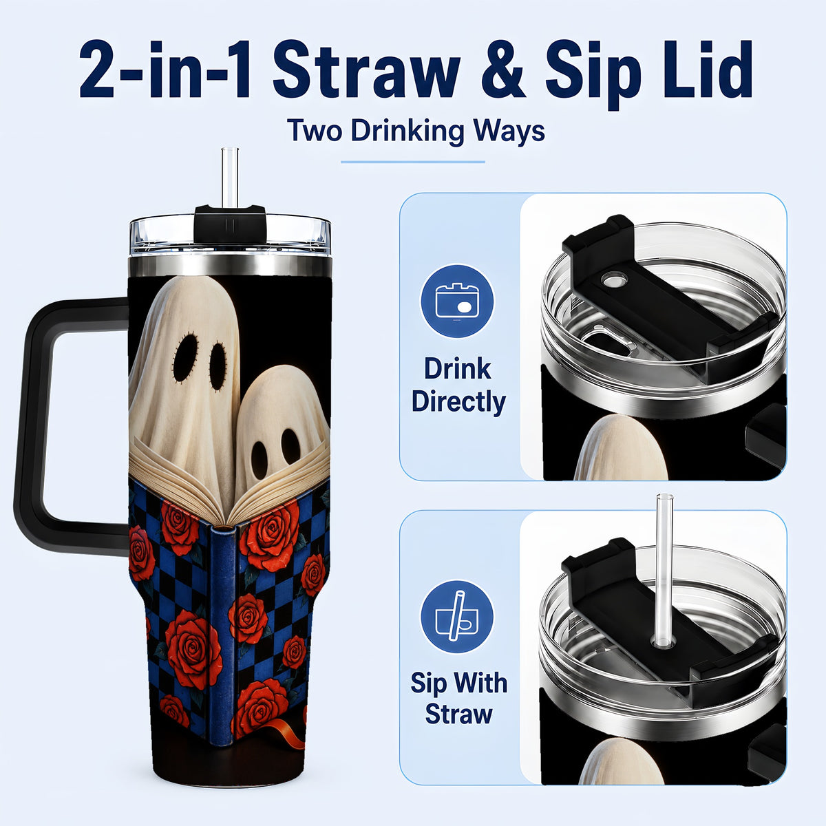 #pl[40oz|Black] Ghost Reading 40oz Tumbler, Bookish Stainless Steel Travel Cup