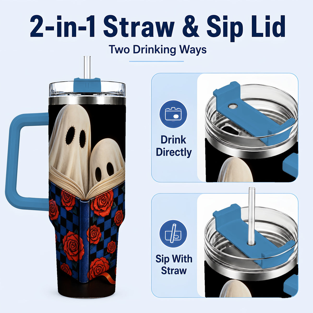 #pl[40oz|Blue] Ghost Reading 40oz Tumbler, Bookish Stainless Steel Travel Cup