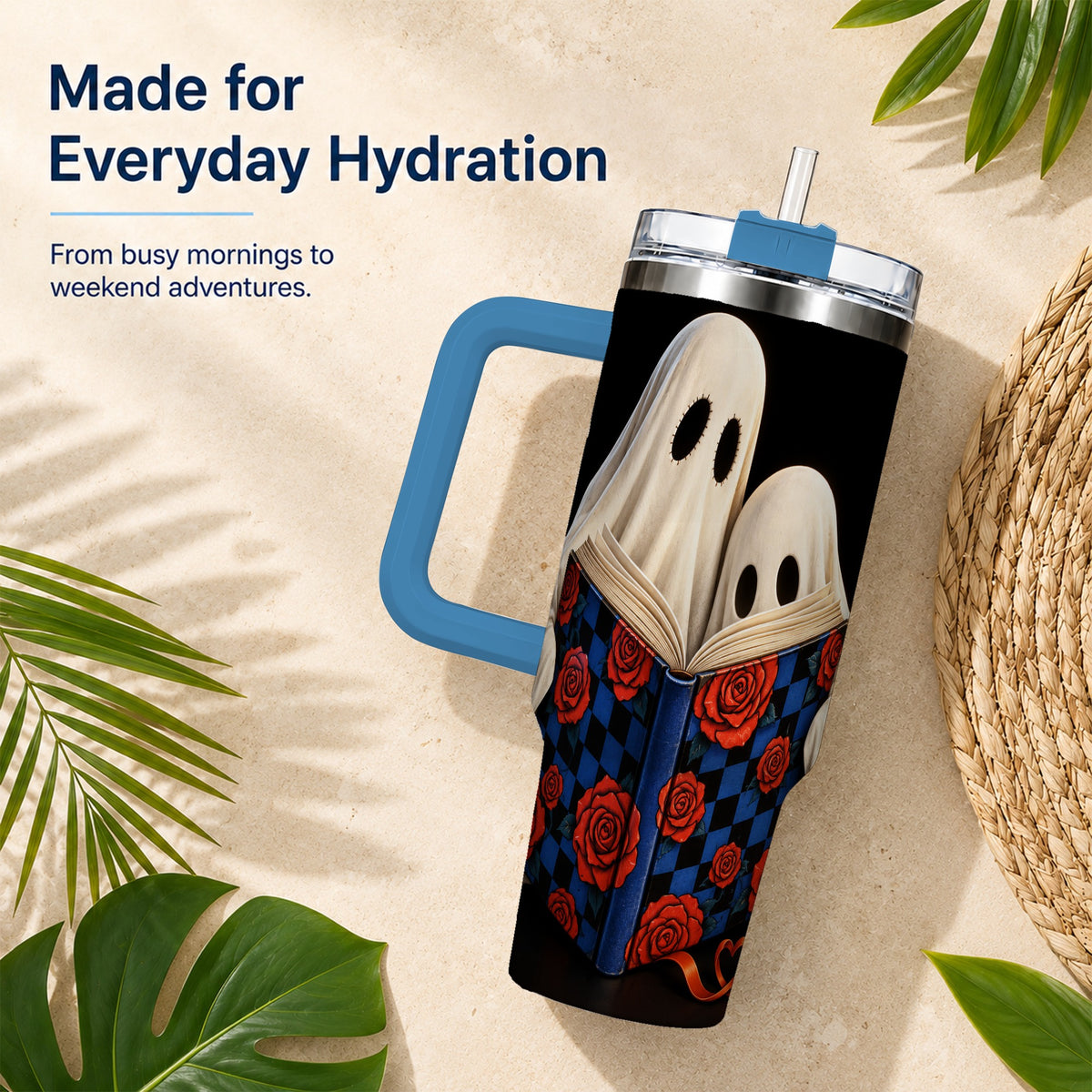 #pl[40oz|Blue] Ghost Reading 40oz Tumbler, Bookish Stainless Steel Travel Cup