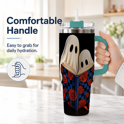 #pl[40oz|Green] Ghost Reading 40oz Tumbler, Bookish Stainless Steel Travel Cup