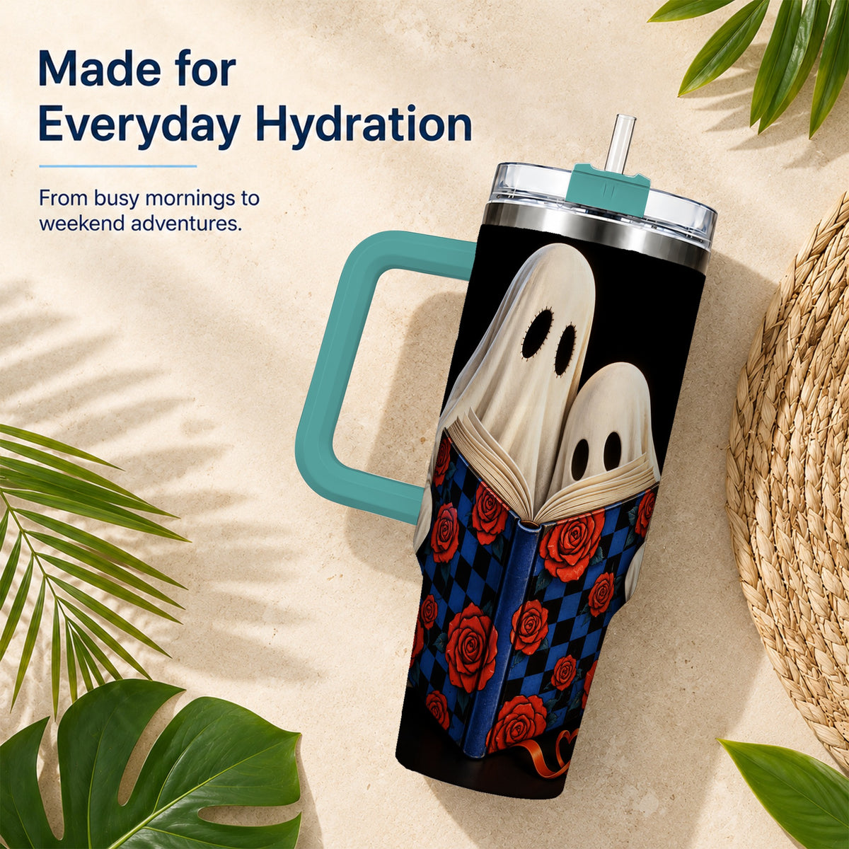 #pl[40oz|Green] Ghost Reading 40oz Tumbler, Bookish Stainless Steel Travel Cup