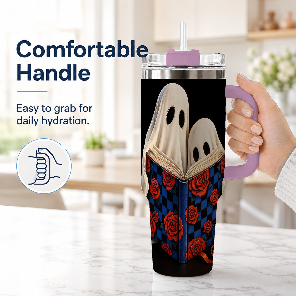 #pl[40oz|Pink] Ghost Reading 40oz Tumbler, Bookish Stainless Steel Travel Cup
