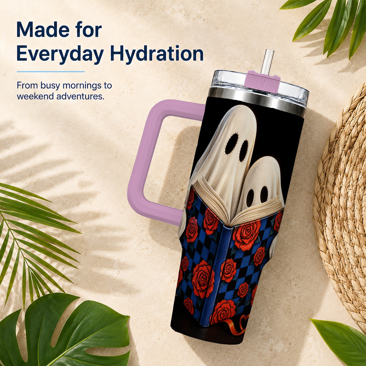 #pl[40oz|Pink] Ghost Reading 40oz Tumbler, Bookish Stainless Steel Travel Cup
