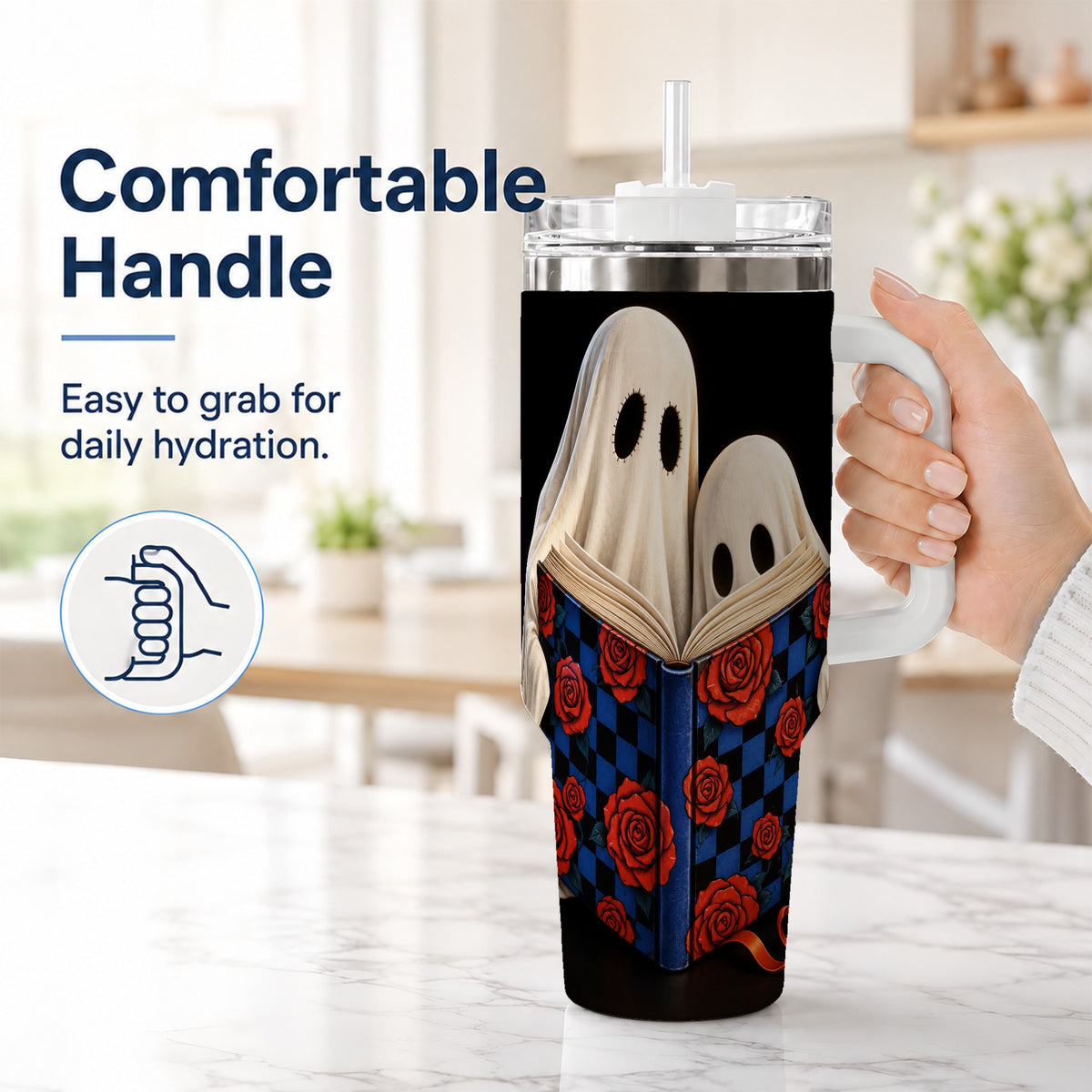 #pl[40oz|White] Ghost Reading 40oz Tumbler, Bookish Stainless Steel Travel Cup