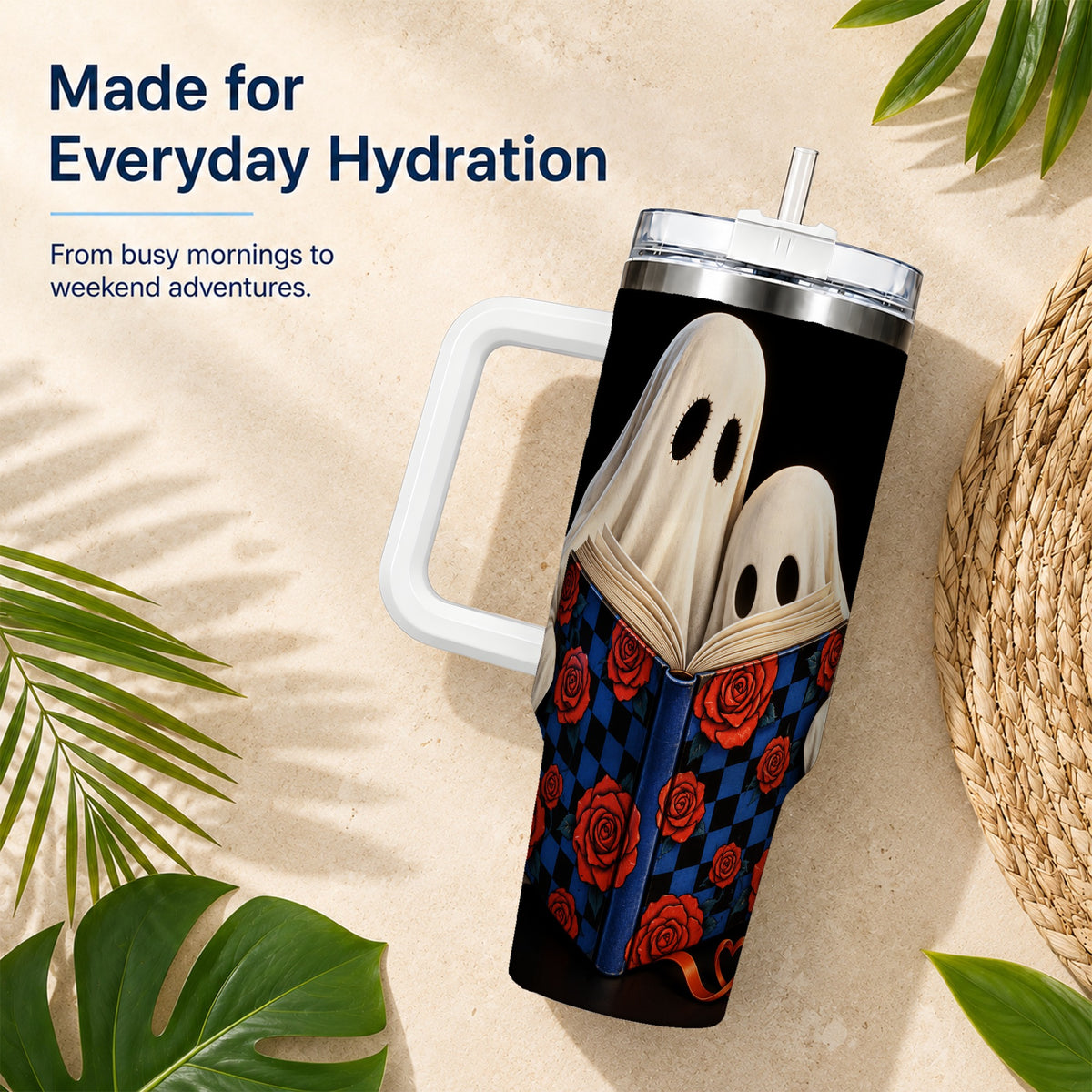 #pl[40oz|White] Ghost Reading 40oz Tumbler, Bookish Stainless Steel Travel Cup