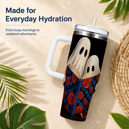 #pl[40oz|White] Ghost Reading 40oz Tumbler, Bookish Stainless Steel Travel Cup
