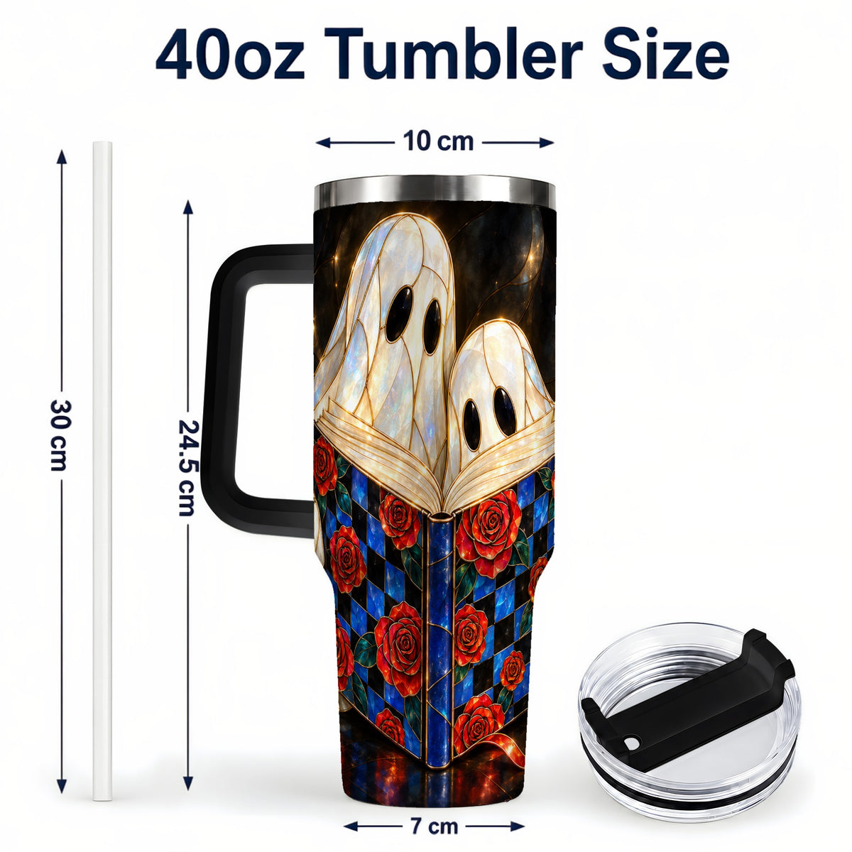 #pl[40oz|Black] Ghost Readers 40oz Tumbler, Floral Theme Stainless Steel Travel Cup