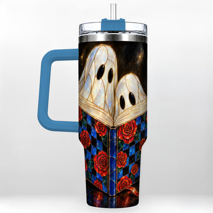 #pl[40oz|Blue] Ghost Readers 40oz Tumbler, Floral Theme Stainless Steel Travel Cup