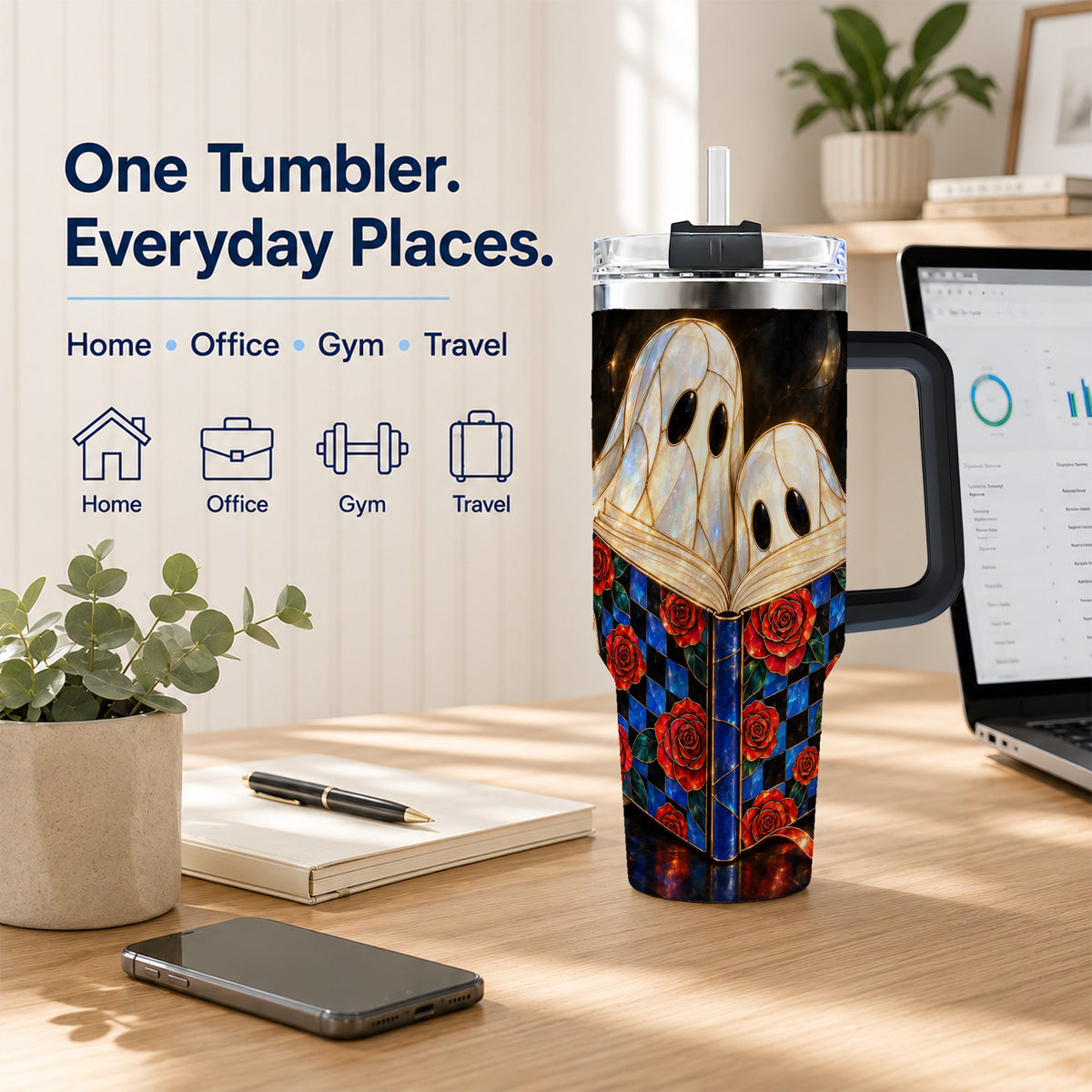 #pl[40oz|Black] Ghost Readers 40oz Tumbler, Floral Theme Stainless Steel Travel Cup