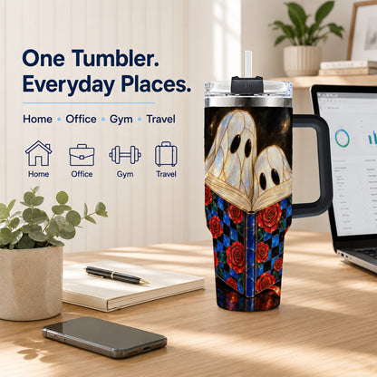 #pl[40oz|Black] Ghost Readers 40oz Tumbler, Floral Theme Stainless Steel Travel Cup