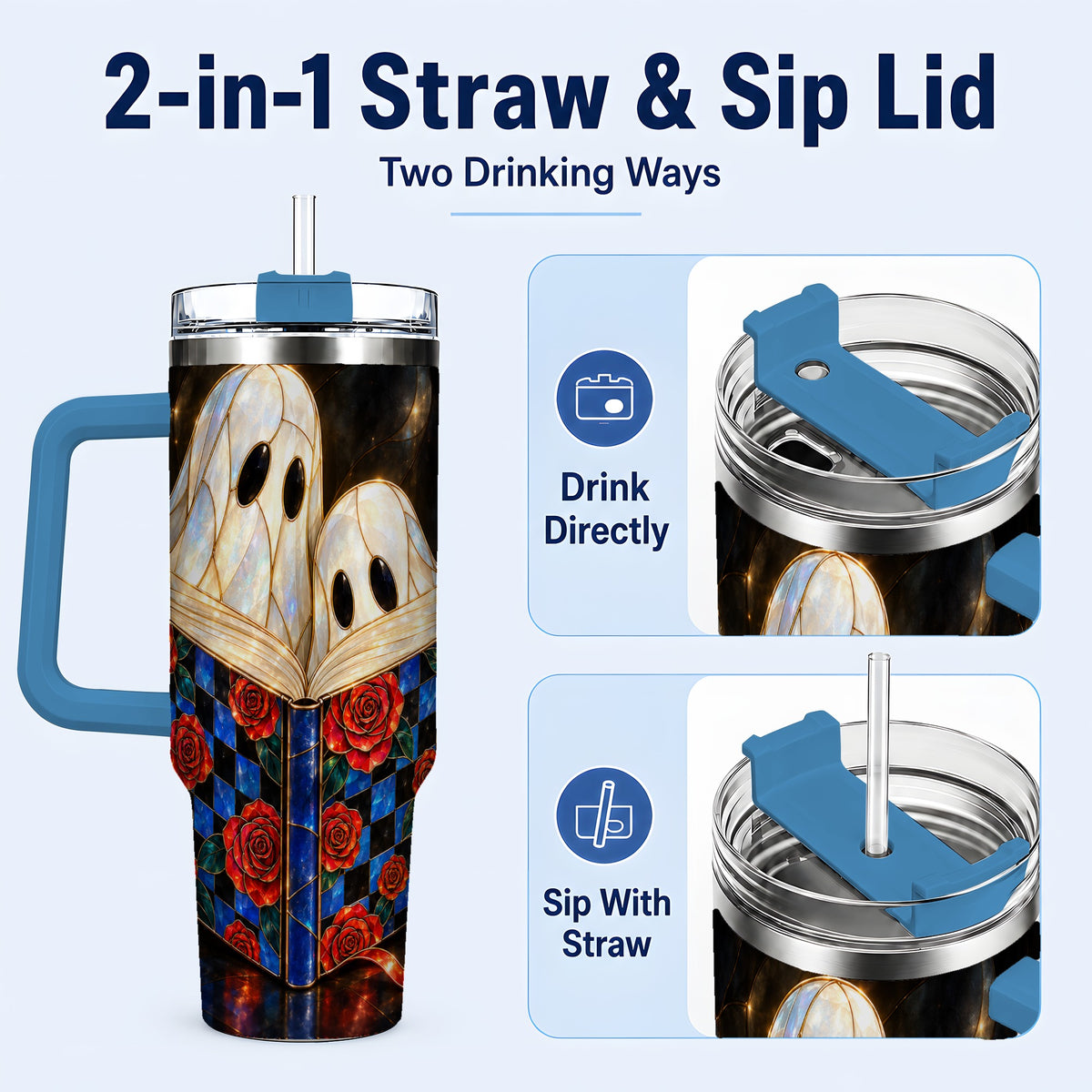 #pl[40oz|Blue] Ghost Readers 40oz Tumbler, Floral Theme Stainless Steel Travel Cup