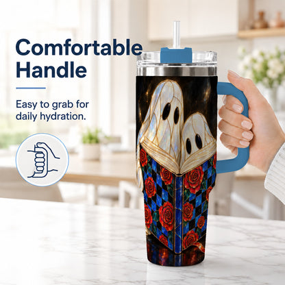 #pl[40oz|Blue] Ghost Readers 40oz Tumbler, Floral Theme Stainless Steel Travel Cup