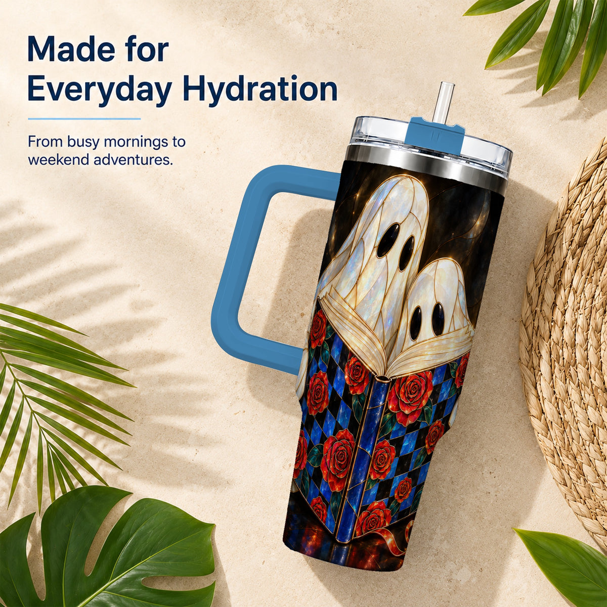 #pl[40oz|Blue] Ghost Readers 40oz Tumbler, Floral Theme Stainless Steel Travel Cup