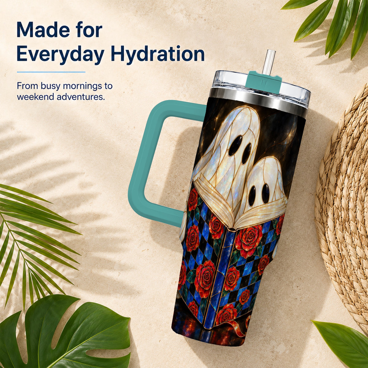 #pl[40oz|Green] Ghost Readers 40oz Tumbler, Floral Theme Stainless Steel Travel Cup