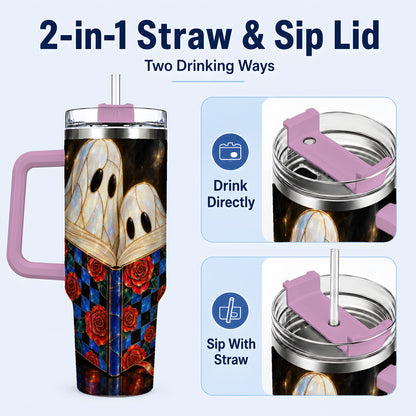 #pl[40oz|Pink] Ghost Readers 40oz Tumbler, Floral Theme Stainless Steel Travel Cup