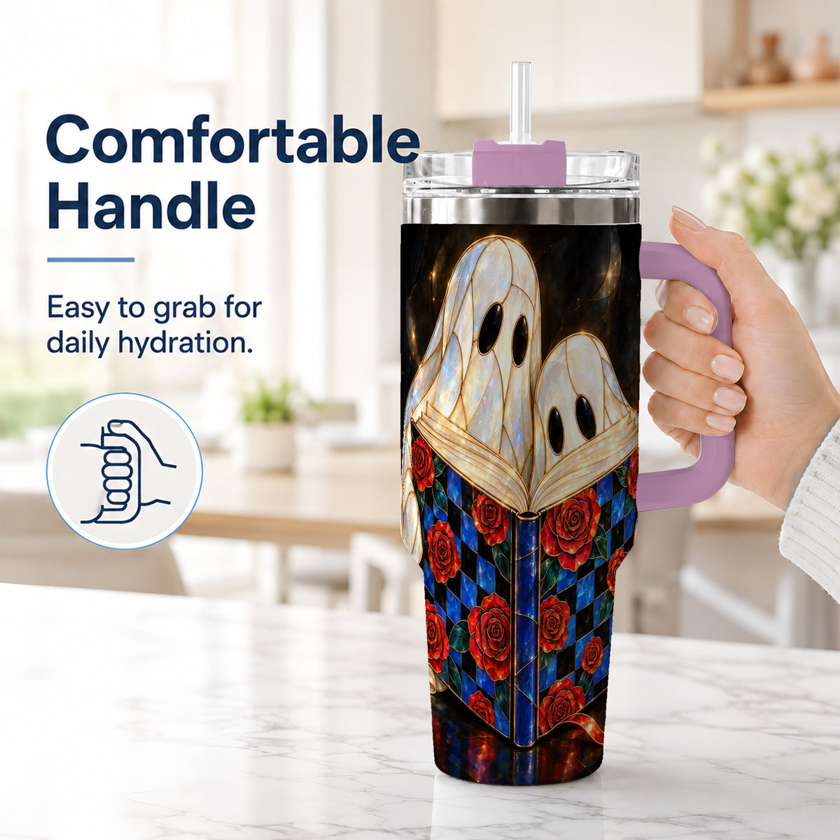 #pl[40oz|Pink] Ghost Readers 40oz Tumbler, Floral Theme Stainless Steel Travel Cup