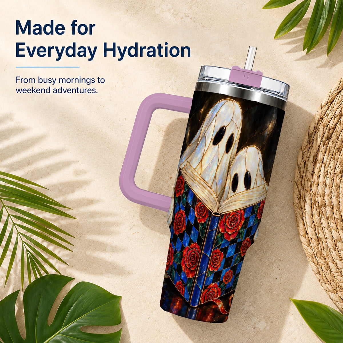 #pl[40oz|Pink] Ghost Readers 40oz Tumbler, Floral Theme Stainless Steel Travel Cup