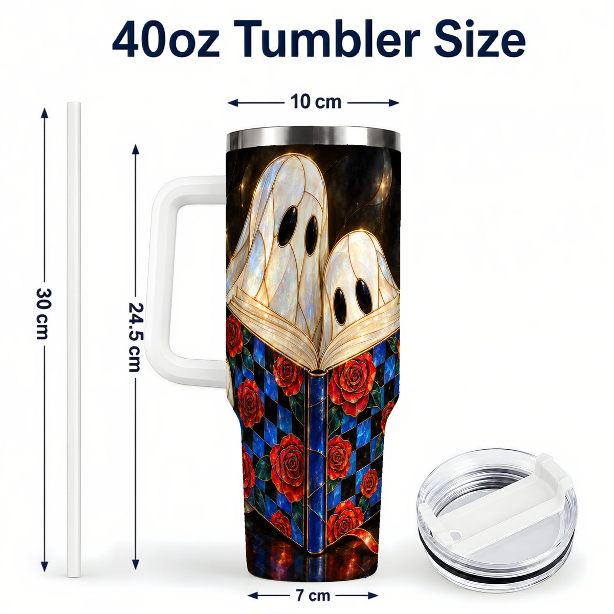 #pl[40oz|White] Ghost Readers 40oz Tumbler, Floral Theme Stainless Steel Travel Cup