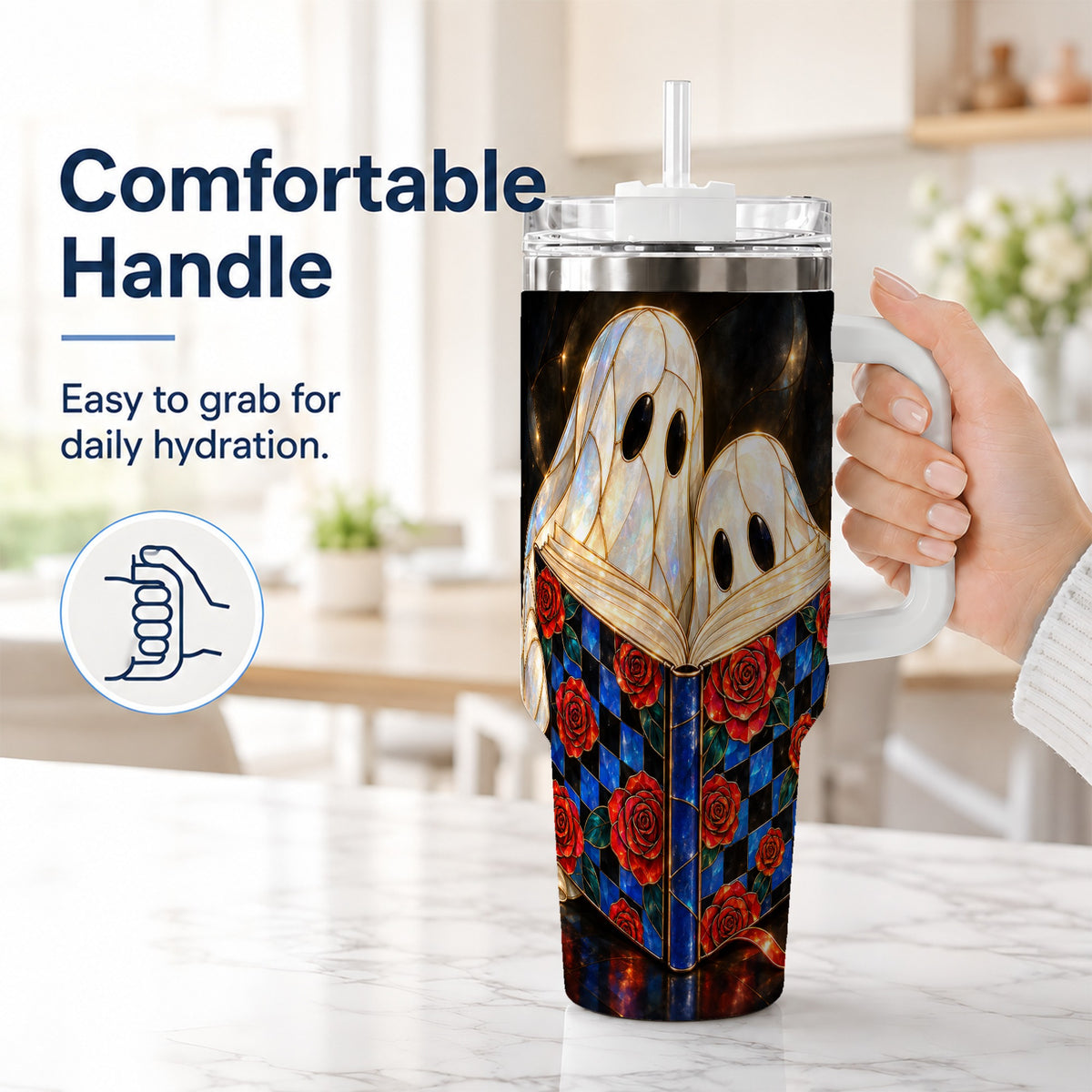 #pl[40oz|White] Ghost Readers 40oz Tumbler, Floral Theme Stainless Steel Travel Cup