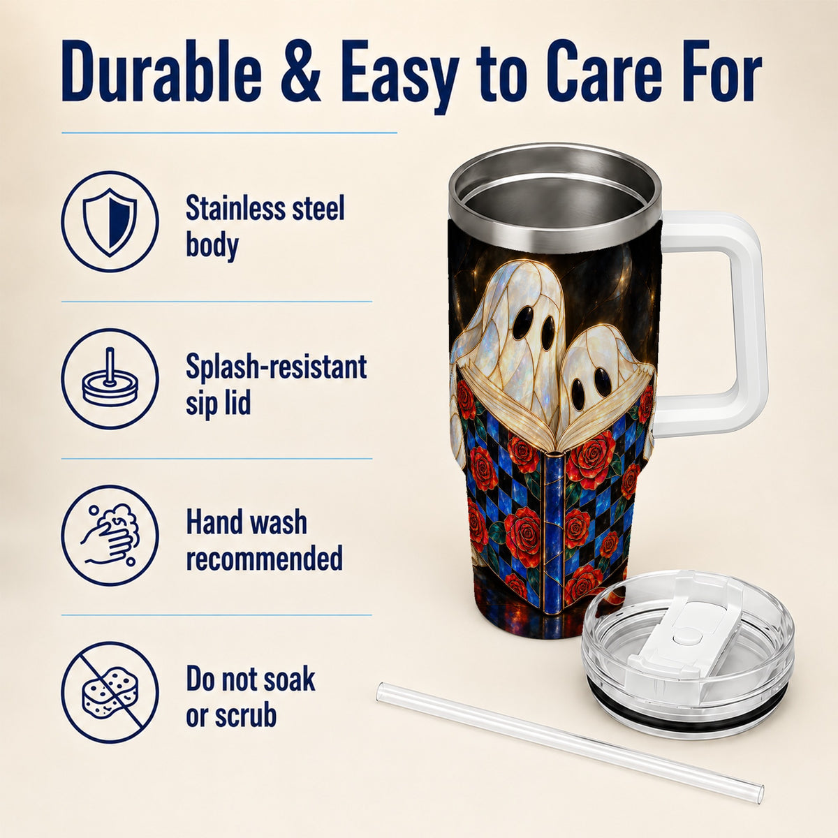 #pl[40oz|White] Ghost Readers 40oz Tumbler, Floral Theme Stainless Steel Travel Cup