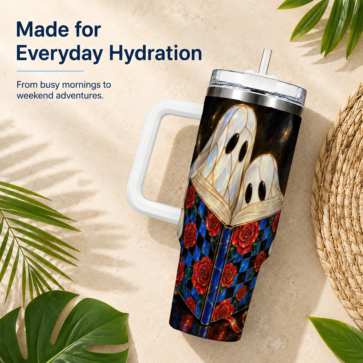 #pl[40oz|White] Ghost Readers 40oz Tumbler, Floral Theme Stainless Steel Travel Cup