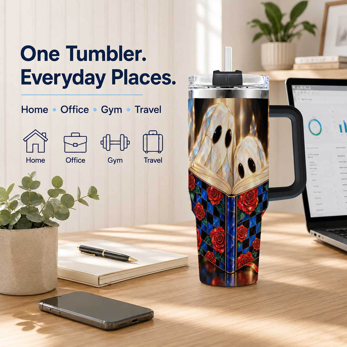 #pl[40oz|Black] Crystal Ghost 40oz Tumbler, Rose Book Stainless Steel Travel Cup