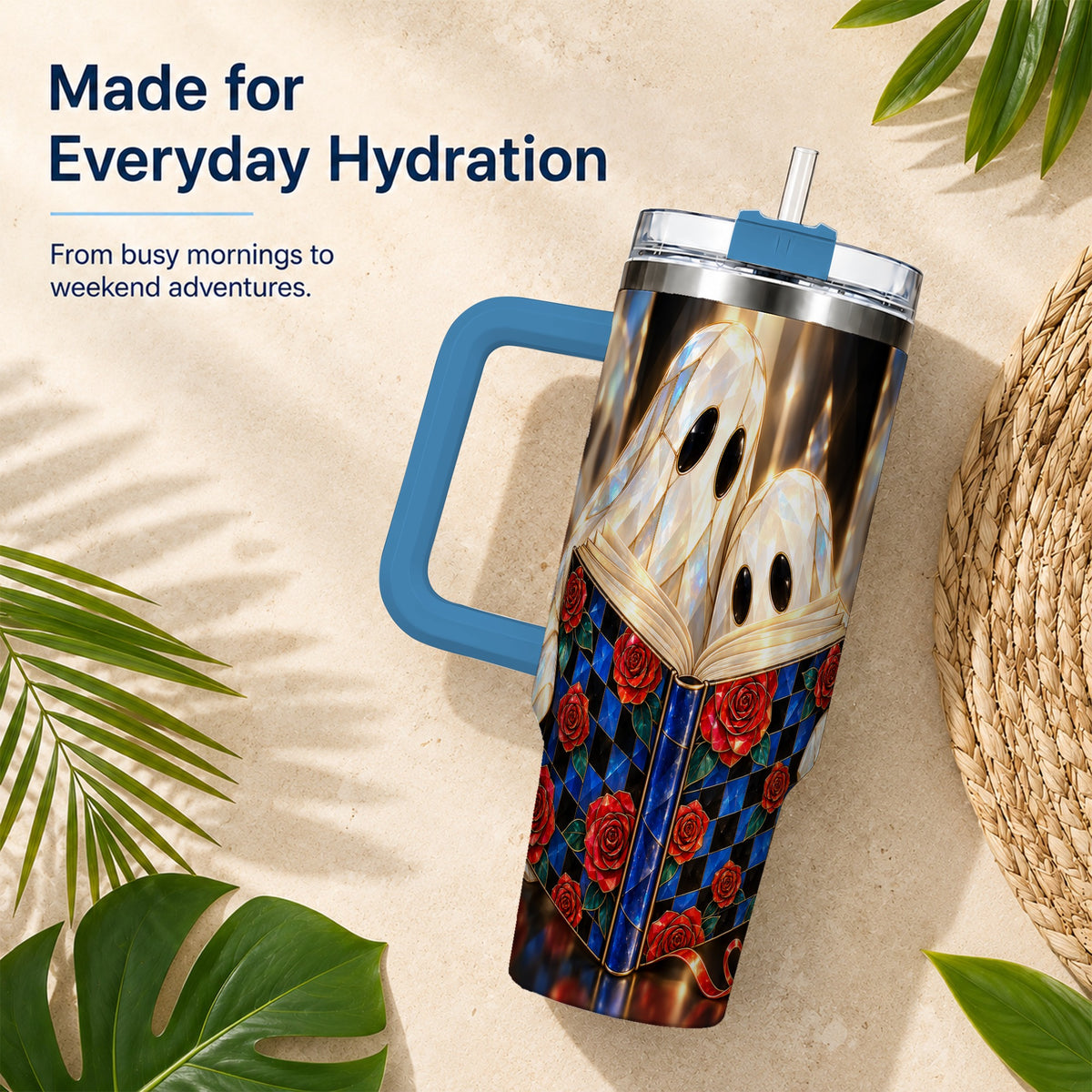 #pl[40oz|Blue] Crystal Ghost 40oz Tumbler, Rose Book Stainless Steel Travel Cup