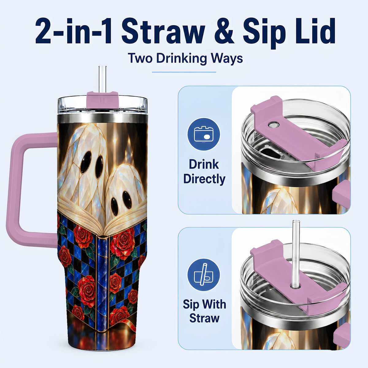 #pl[40oz|Pink] Crystal Ghost 40oz Tumbler, Rose Book Stainless Steel Travel Cup